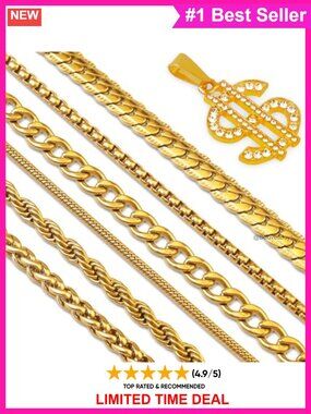 Stainless Steel Necklace Chain Kit 6pcs 24in Gold Plated with Dollar Pendant